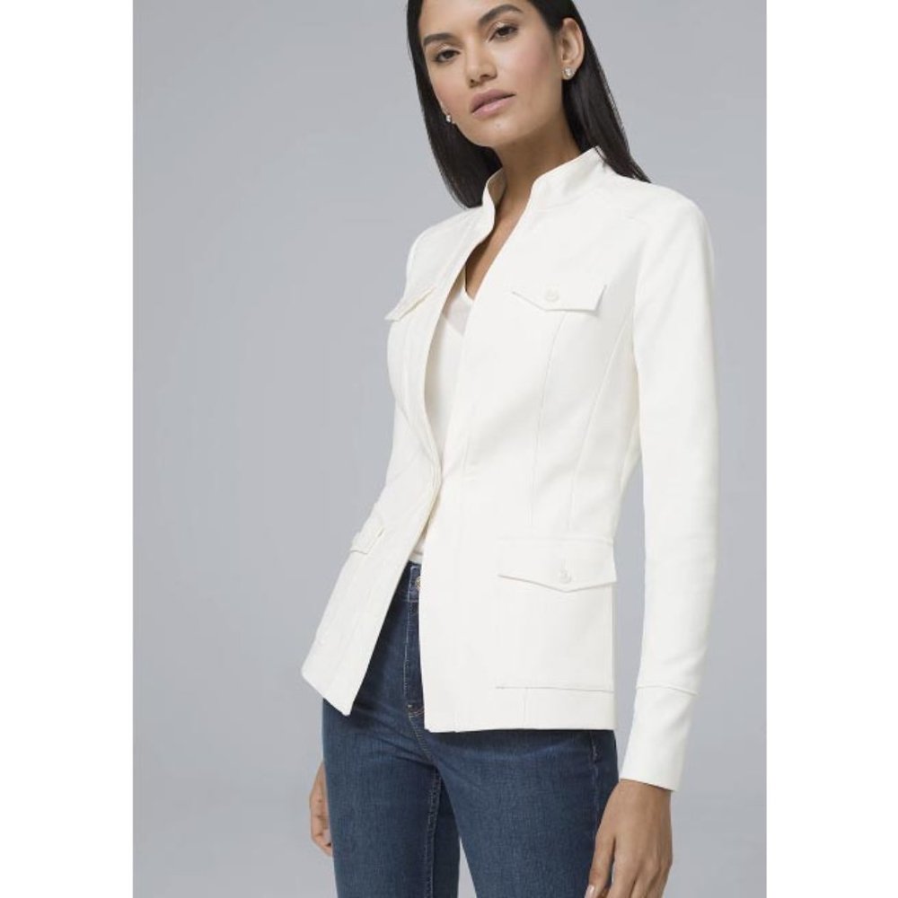 White House Black Market Sz 8 Ivory Safari Jacket 4 Pockets Long Sleeve Fitted